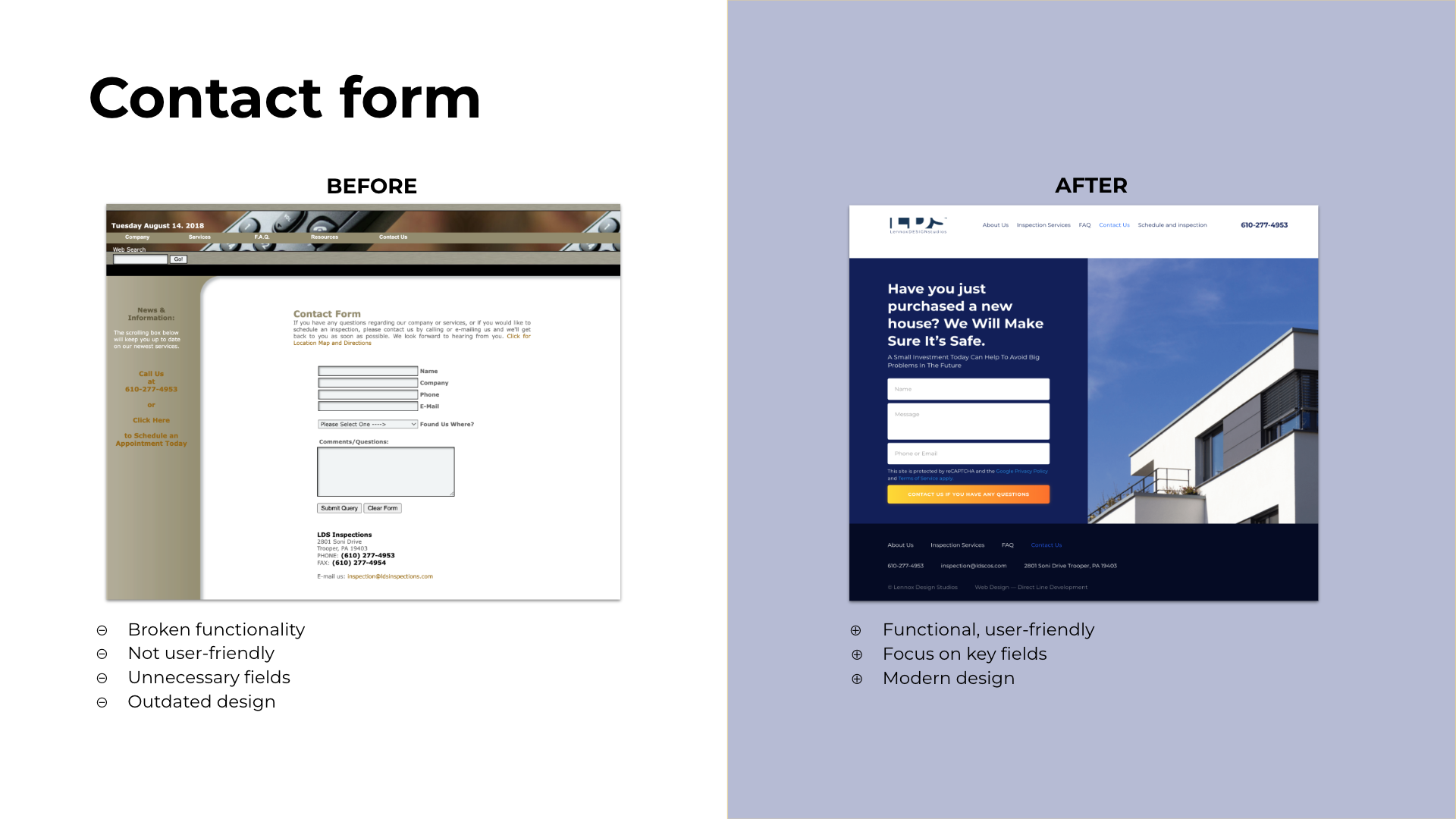 This image shows the contact page before and after we finished the redesign.