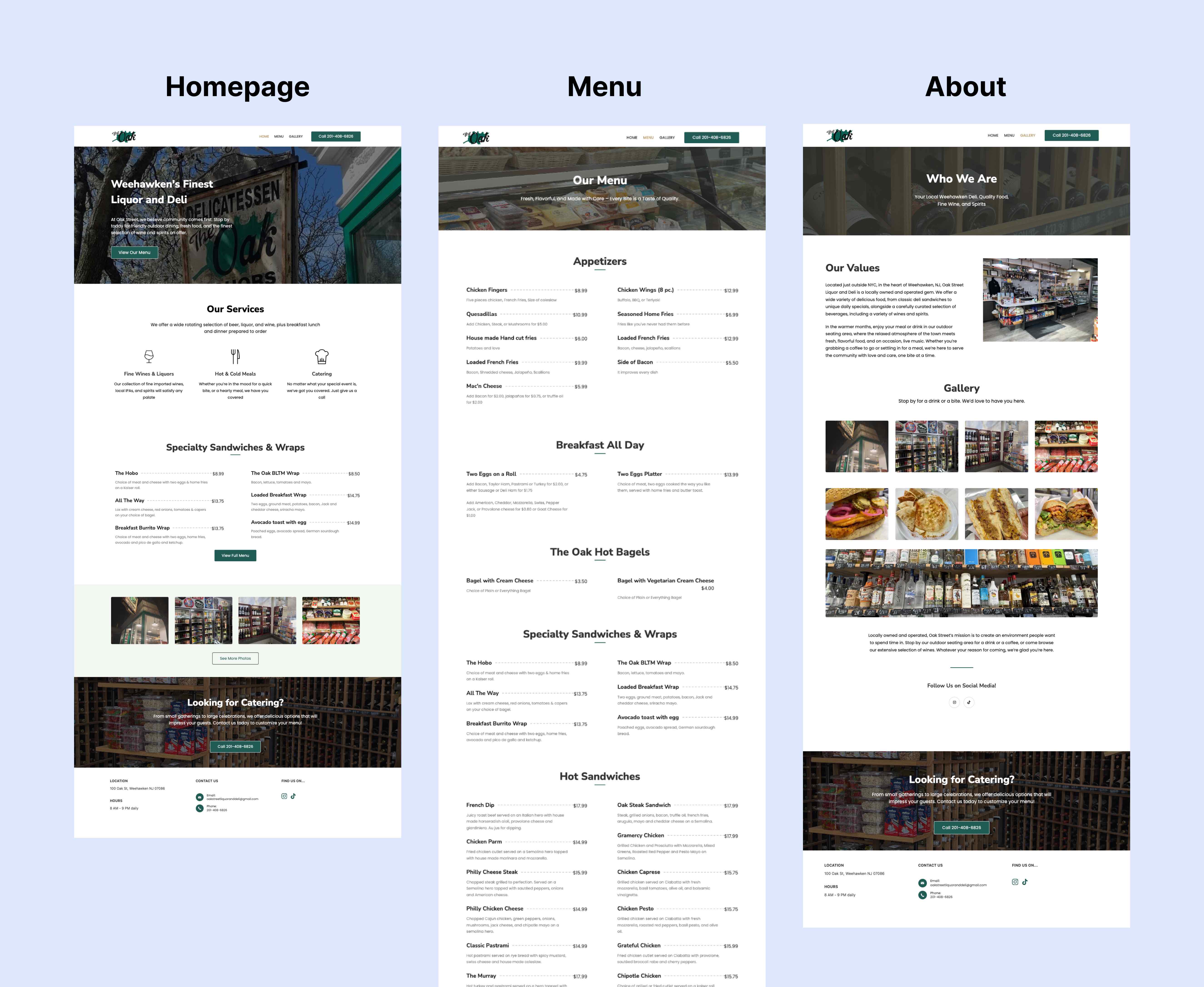 This image shows the mockups of the webpages: homepage, about, and menu 