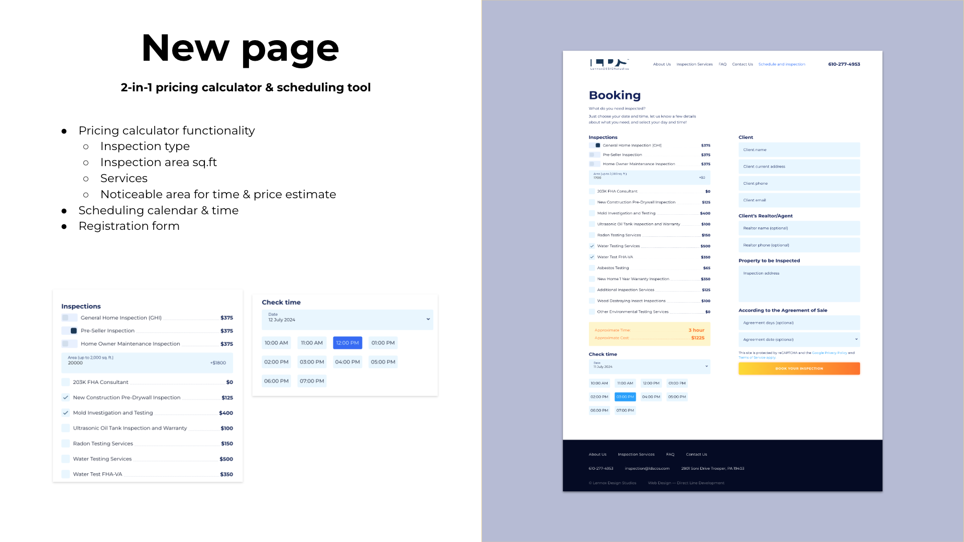 This image shows the 2-in-1 scheduling tool & calculator page after we finished its design. It features a form that combines two tools together and makes it easy to use