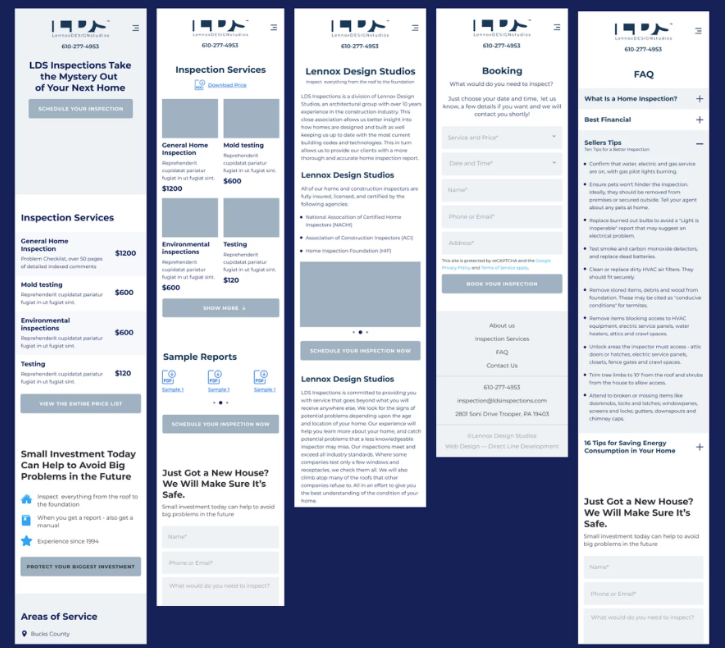 An image showing wireframes created during this project. It features five web pages and shows their structure.