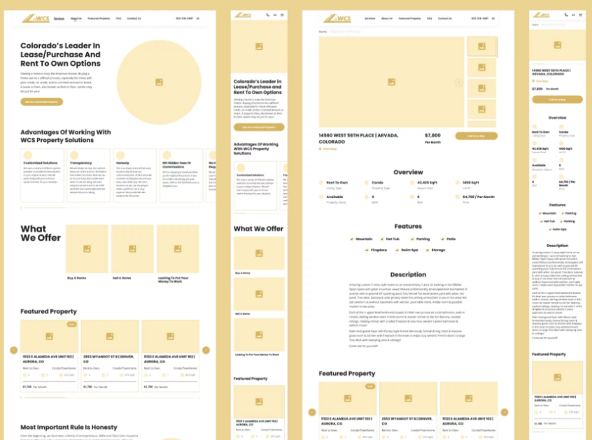 An image showing wireframes created during this project. It shows wireframes of two key pages (homepage and property listing page) for both desktop and mobile. 